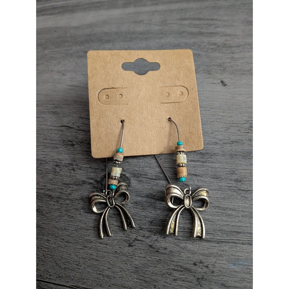 Silver Bow Drop Earrings with Turquoise and Wood Beads Boho Dangle Kidney Wire